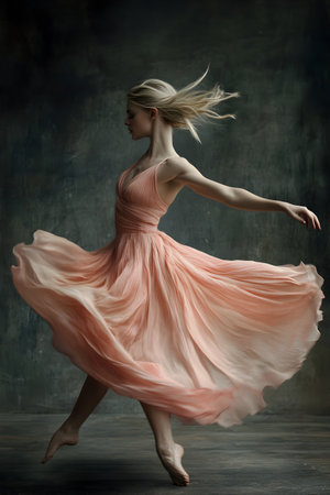Young beautiful ballerina in pink dress dancing on dark background.の素材