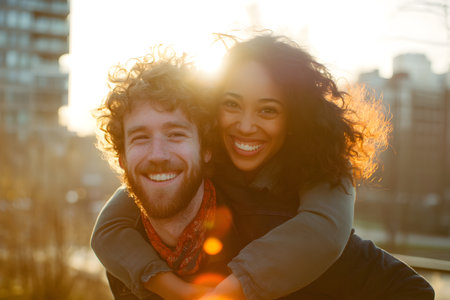 Portrait of a happy young couple hugging in the city at sunsetの素材