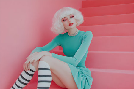 stylish pin up girl in green dress and wig on pink stairsの素材