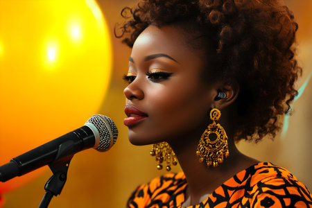 Beautiful african american woman with afro hairstyle singing into microphoneの素材