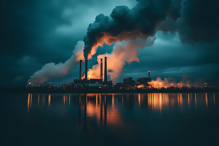 Industrial landscape with smoking chimneys of power plant and blue skyの素材