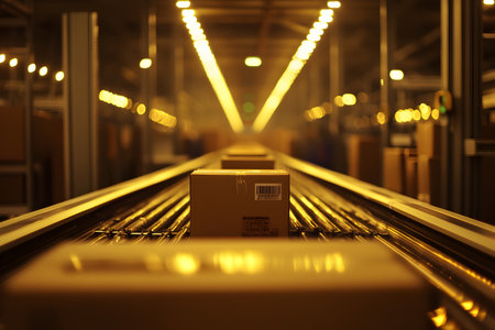 Cardboard box on the conveyor belt in the warehouse. 3d renderingの素材