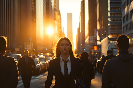 Beautiful young business woman walking in New York City at sunset timeの素材