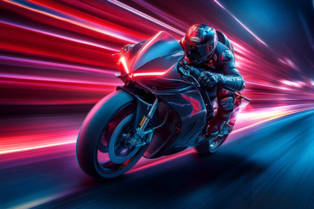 Motorcycle rider riding on a fast road with motion blur background.の素材