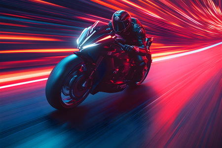 Motorcycle riding on the road with fast speed motion blur background.の素材