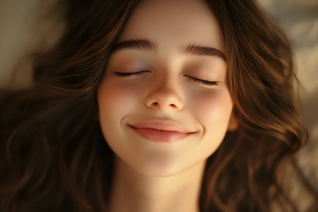 Beautiful young woman with closed eyes on bed at home, closeupの素材
