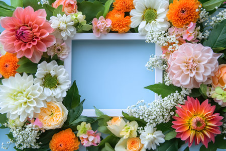 Flower frame with dahlia flowers and green leaves on blue backgroundの素材