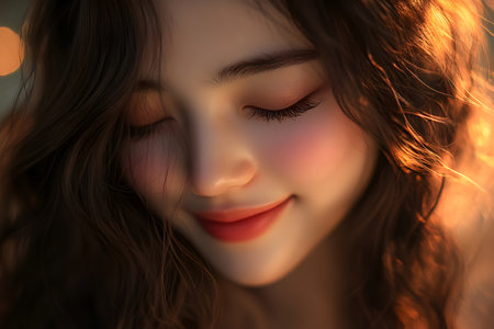 Portrait of a beautiful young woman with long curly hair on a background of the setting sunの素材