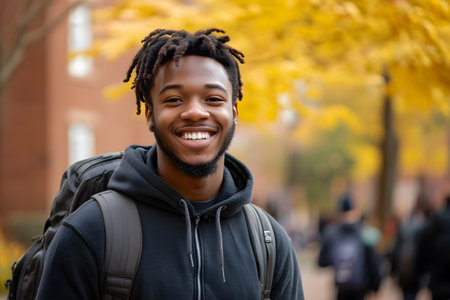 Portrait of a smiling african american man with backpack in the cityの素材