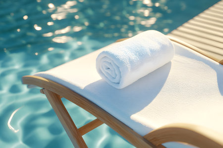 Towel on chaise lounges by the swimming poolの素材
