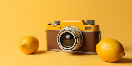 Retro camera and lemons on yellow background, 3d illustrationの素材