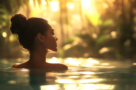 Side view of beautiful young woman relaxing in swimming pool at spa resortの素材