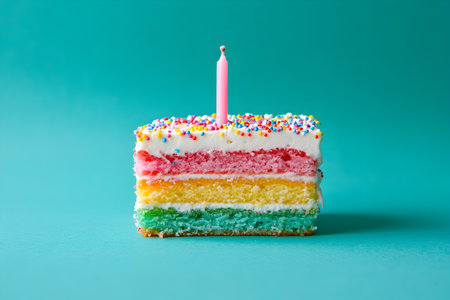Rainbow cake with a lit candle on a turquoise backgroundの素材