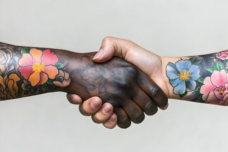 Handshake of two people with a tattoo on their hands, close-upの素材