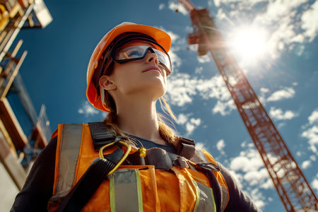 Portrait of a female construction worker wearing safety helmet and reflective vest on construction siteの素材