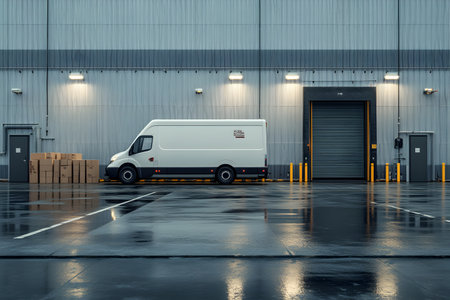 3D rendering of a commercial delivery van in a warehouse with a doorの素材