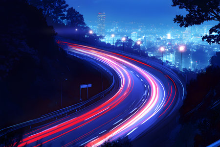 light trails on the street at night in beijing,China.の素材
