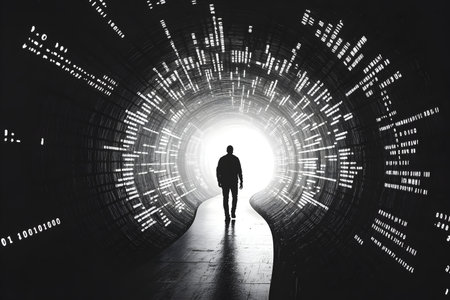 Conceptual image with silhouette of a man in a tunnel.の素材