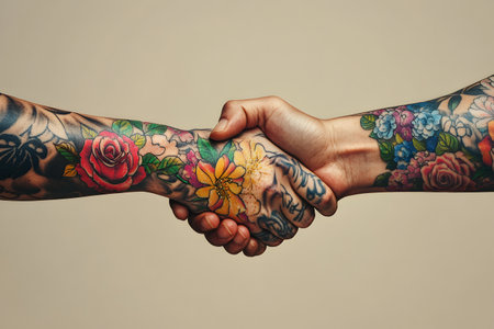 Handshake of two people with tattoos on their arms, close upの素材
