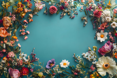 Flowers composition. Frame made of flowers on blue background. Flat lay, top view, copy spaceの素材
