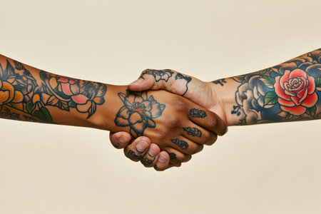 Handshake of two people with mehendi patterns on their handsの素材