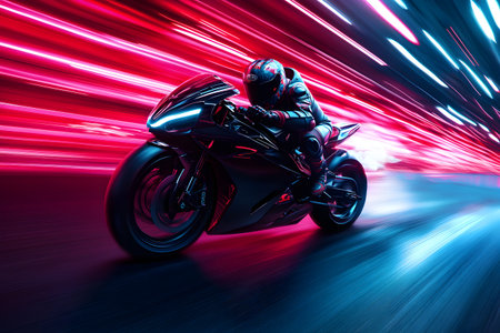 motorcycle riding fast on the road with motion blur light backgroundの素材