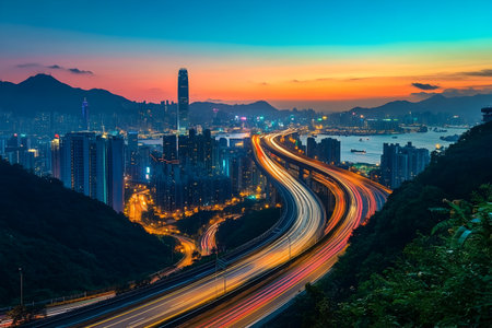 Beautiful light trails on the road at night in Hong Kong.の素材