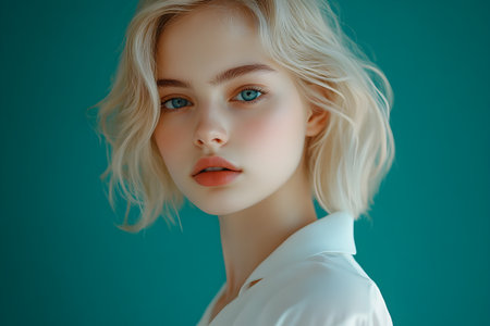 portrait of a beautiful girl with blond hair on a blue backgroundの素材