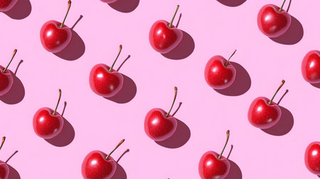 Creative pattern made of red cherry on pastel pink background. Minimal summer concept.の素材