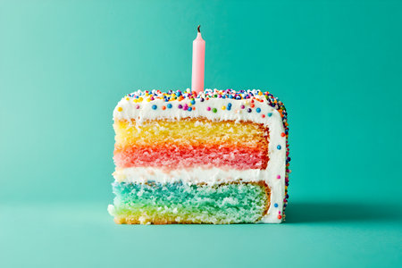 Rainbow cake with candle on turquoise background. Shallow depth of fieldの素材