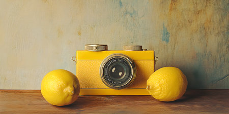 Vintage camera and lemons on wooden table with copy space.の素材