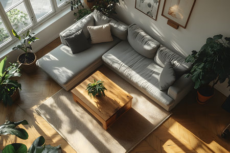 Living room interior with sofa, pillows and plant on wooden tableの素材