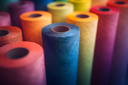 Colorful threads for sewing in a textile factory. Selective focus. Toned.の素材