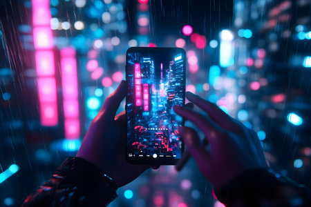 smartphone in hand and abstract night city background. technology and communication conceptの素材