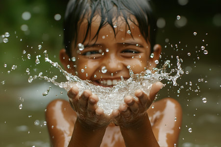 Portrait of a little girl in the water with splashes of waterの素材