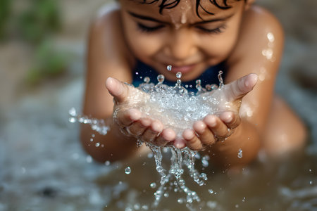 Cute little boy playing with water in outdoor swimming pool. Summer vacation concept.の素材