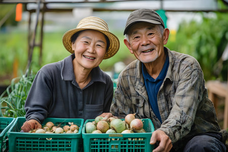 Happy asian senior couple harvesting onion in the vegetable garden at homeの素材