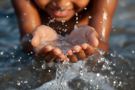 Close up of a little girl playing with water in the pool.の素材
