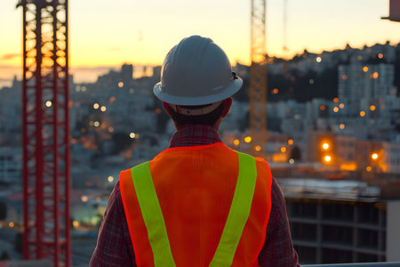 Rear view of engineer in hardhat on construction site at sunsetの素材