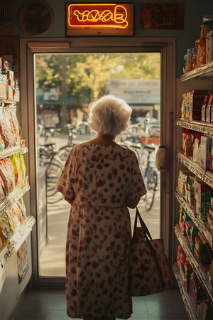 Elderly woman standing in front of a supermarket door and looking at the windowの素材