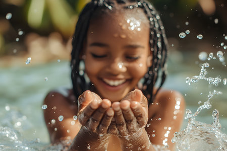 selective focus of smiling african american girl holding water drops in swimming poolの素材