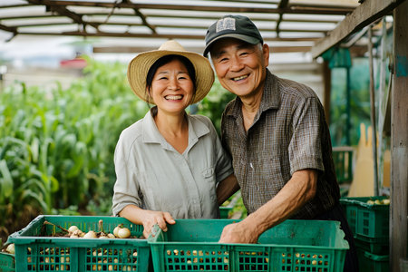 Happy asian senior couple working in vegetable garden. Senior people retirement lifestyle concept.の素材