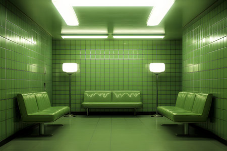 green waiting room with green seats and lamps - 3d render illustrationの素材