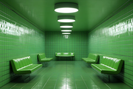 Green waiting room with green seats and lightbulb in the wallの素材