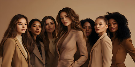 multiethnic women in beige coats looking at camera isolated on beigeの素材