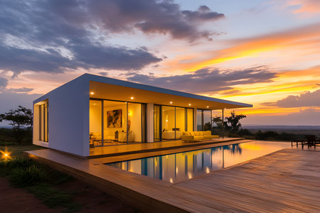 Luxury villa with swimming pool at sunset, Thailand.の素材