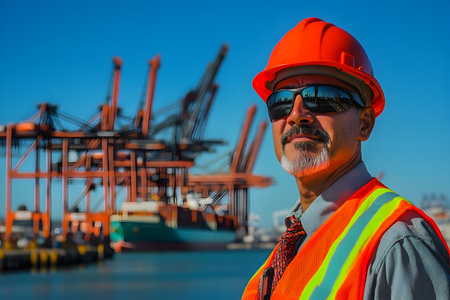 Portrait of senior engineer wearing safety helmet and reflective vest working in cargo port.の素材