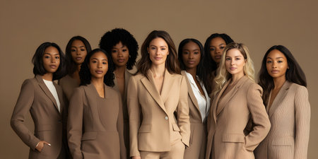 Group of diverse women in business suits looking at camera isolated on greyの素材
