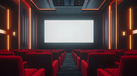 Red cinema hall with rows of red seats and white screen. 3D Renderingの素材
