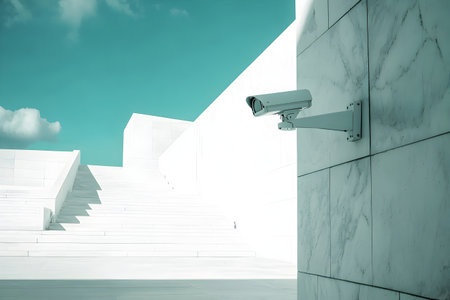 CCTV security camera on white stairs with blue sky. 3d renderingの素材